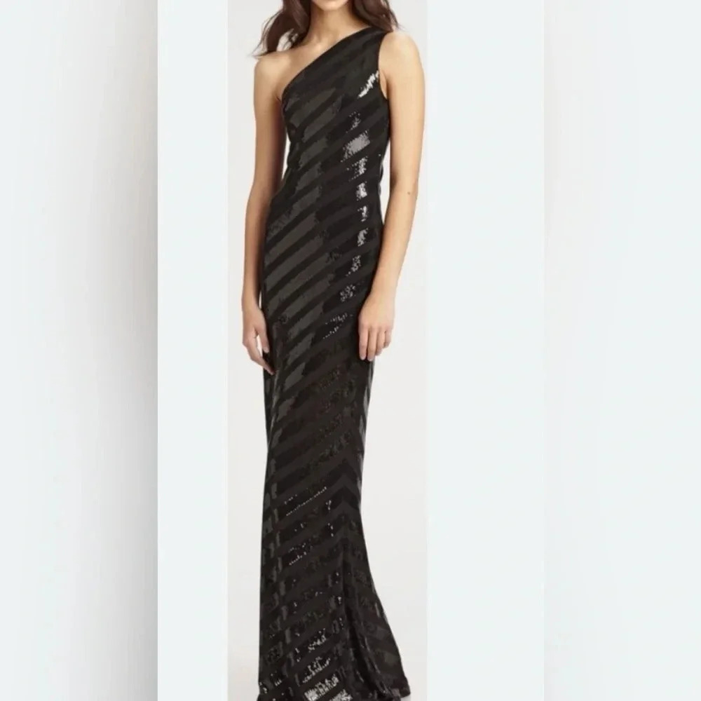 David Meister One-Shoulder Black Sequin Gown